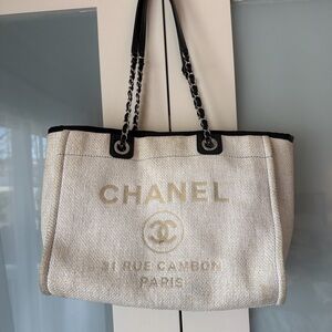 Authentic Chanel Deauville Canvas Tote | Rue Cambon Paris Chain Shoulder Bag